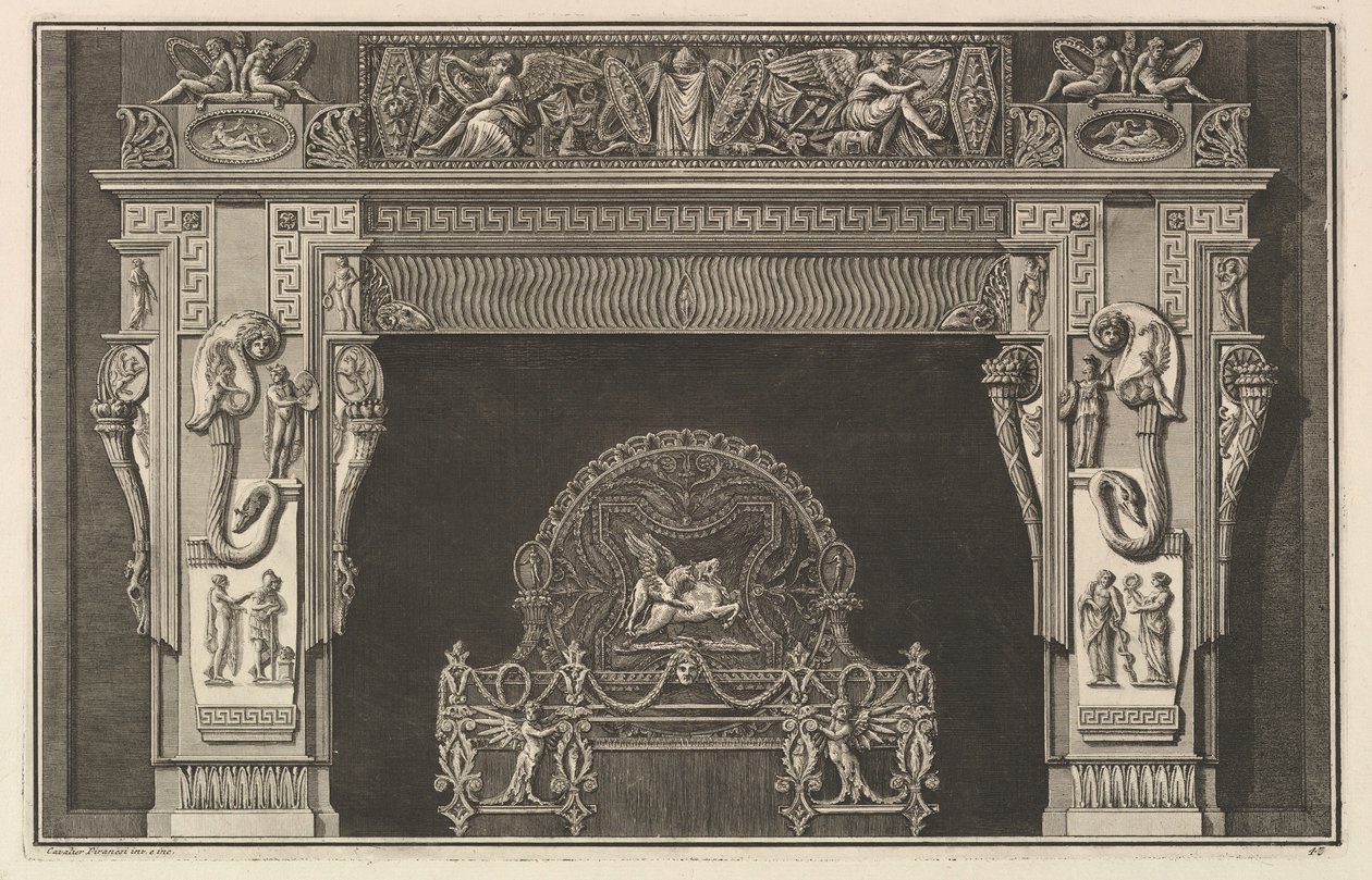Kaminstück: Fries von Trophäen und geflügelten Siegen auf dem Sturz, mit Füllhörnern, ca. 1769 von Giovanni Battista Piranesi