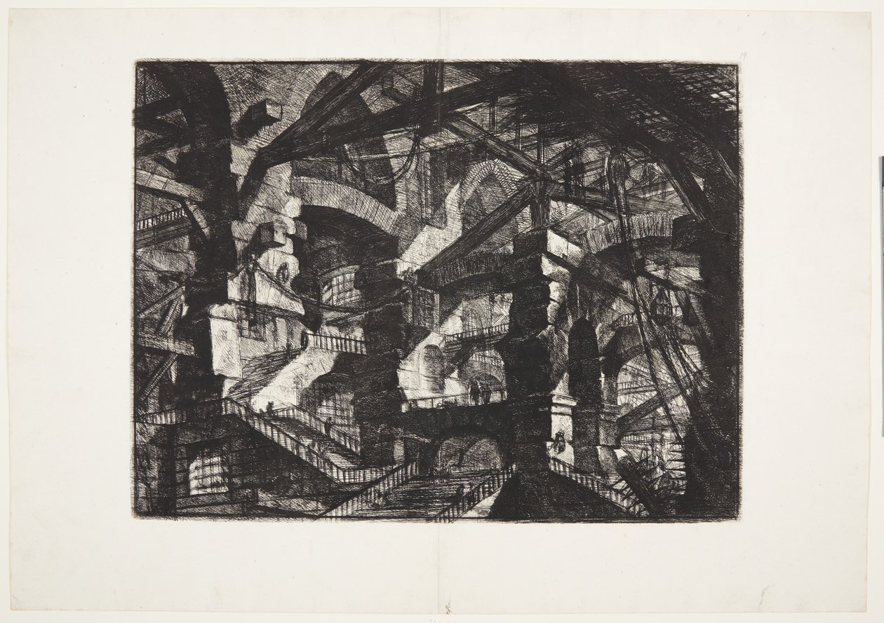 Komplexe Gruppen von miteinander verbundenen Ruinenbögen, die Balken und Seile stützen von Giovanni Battista Piranesi