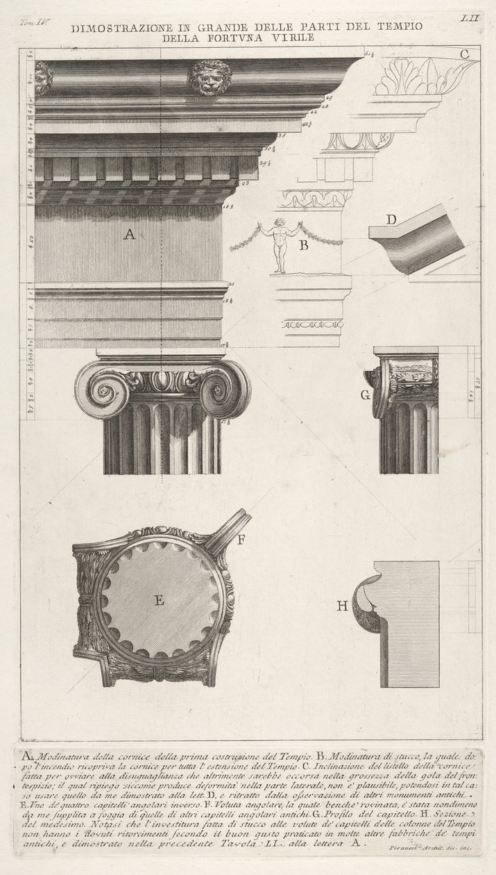Gesims und Säule vom Tempel der Fortuna Virilis, aus ..., 1756 von Giovanni-Battista Piranesi