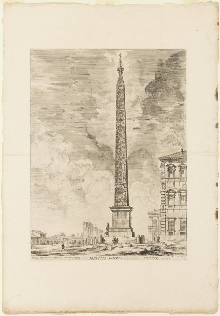 Ägyptischer Obelisk. Dieser wurde von Papst Sixtus V. auf der Piazza von St. Johannes im Lateran errichtet, aus Ansichten von Rom von Giovanni-Battista Piranesi