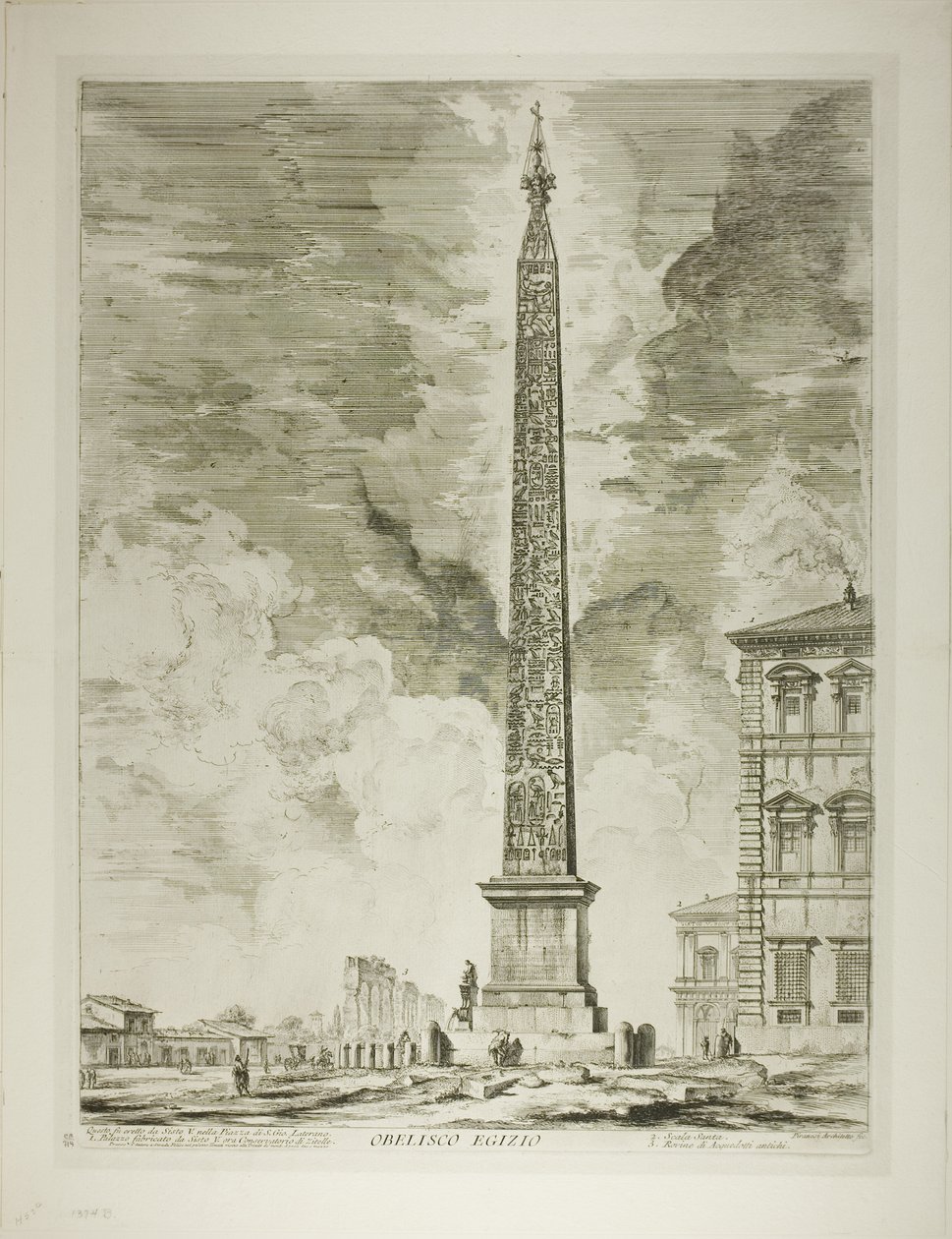 Ägyptischer Obelisk. Dieser wurde von Papst Sixtus V. auf der Piazza von St. Johannes im Lateran errichtet, aus Ansichten von Rom von Giovanni Battista Piranesi
