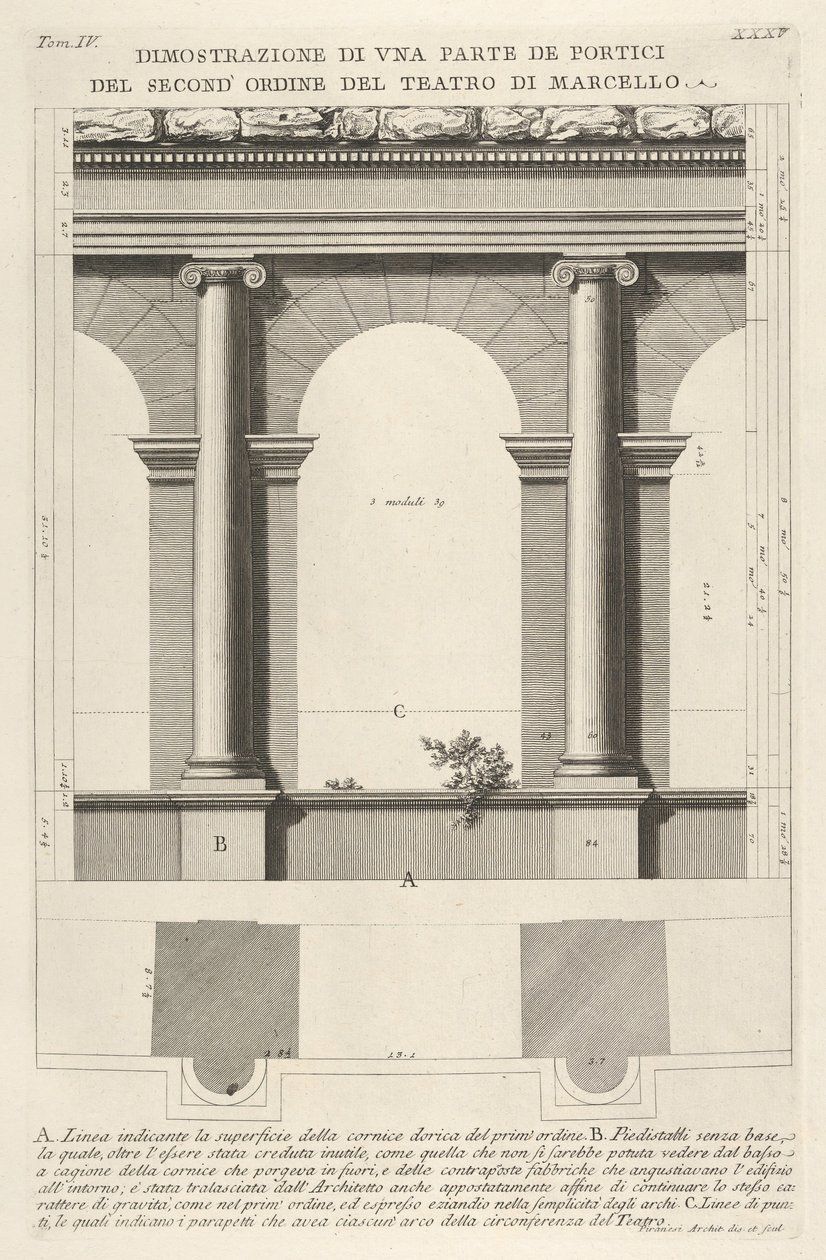 Aufriss und Plan des Portikus zweiter Ordnung am Theater von Marcellus von Giovanni-Battista Piranesi