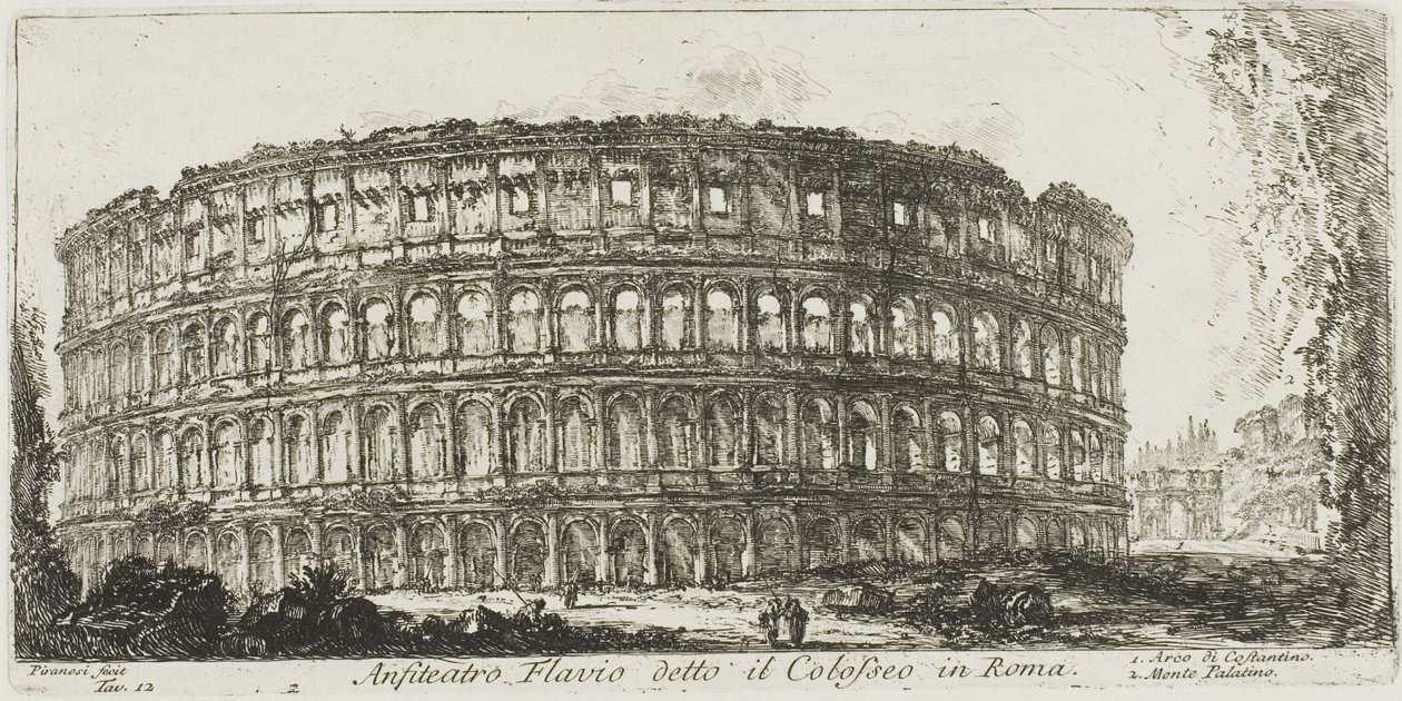 Flavisches Amphitheater, genannt das Kolosseum. 1. Konstantinsbogen. 2. Palatinhügel, Platte 12 aus Einige Ansichten von Triumphbögen und anderen Denkmälern von Giovanni Battista Piranesi
