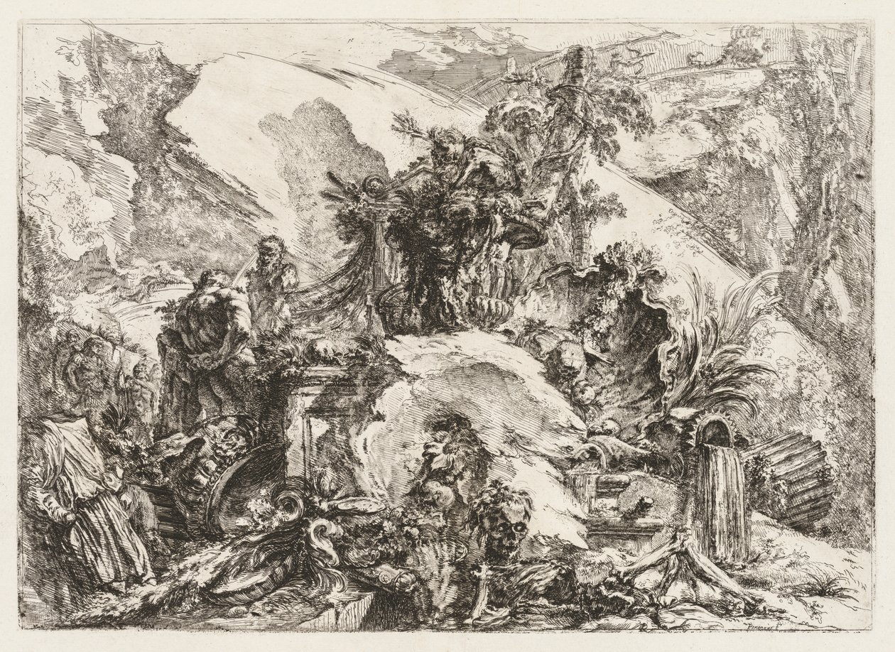 Grotesken: Ruinen mit Totenkopf und Skelett von Giovanni Battista Piranesi