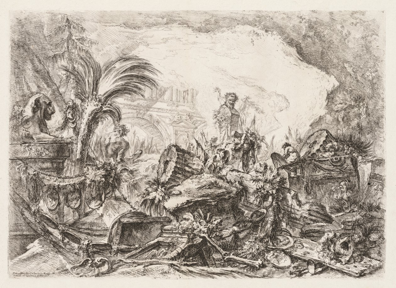 Grotesken: Ruinen mit einer Statue eines Fauns und einer umgestürzten Säule von Giovanni Battista Piranesi