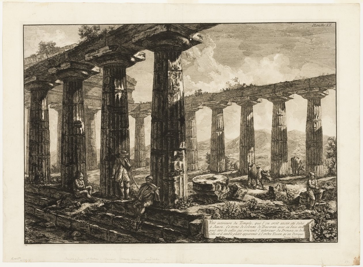Innenansicht des Tempels, der angeblich Juno gewidmet war, aus Verschiedene Ansichten von Paestum von Giovanni Battista Piranesi