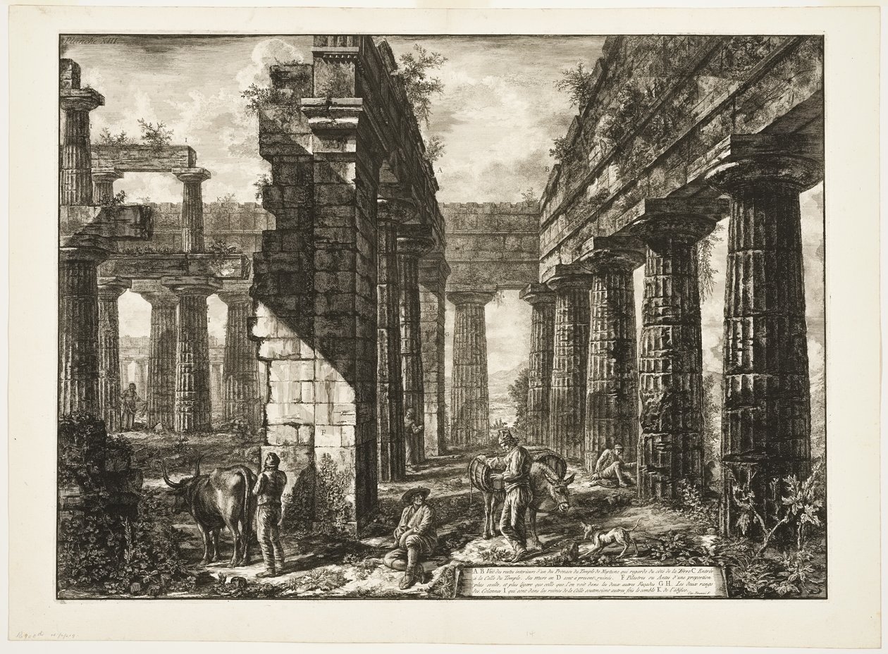 Innenansicht der Überreste eines der Pronaoi des Neptuntempels, der landeinwärts gerichtet ist, aus Verschiedene Ansichten von Paestum von Giovanni-Battista Piranesi
