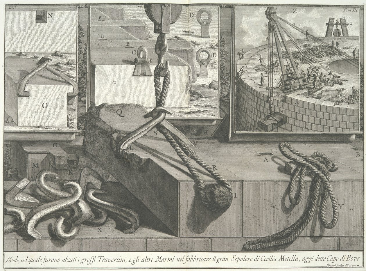Mittel, mit denen die großen Blöcke aus Travertin und Marmor gehoben wurden von Giovanni Battista Piranesi
