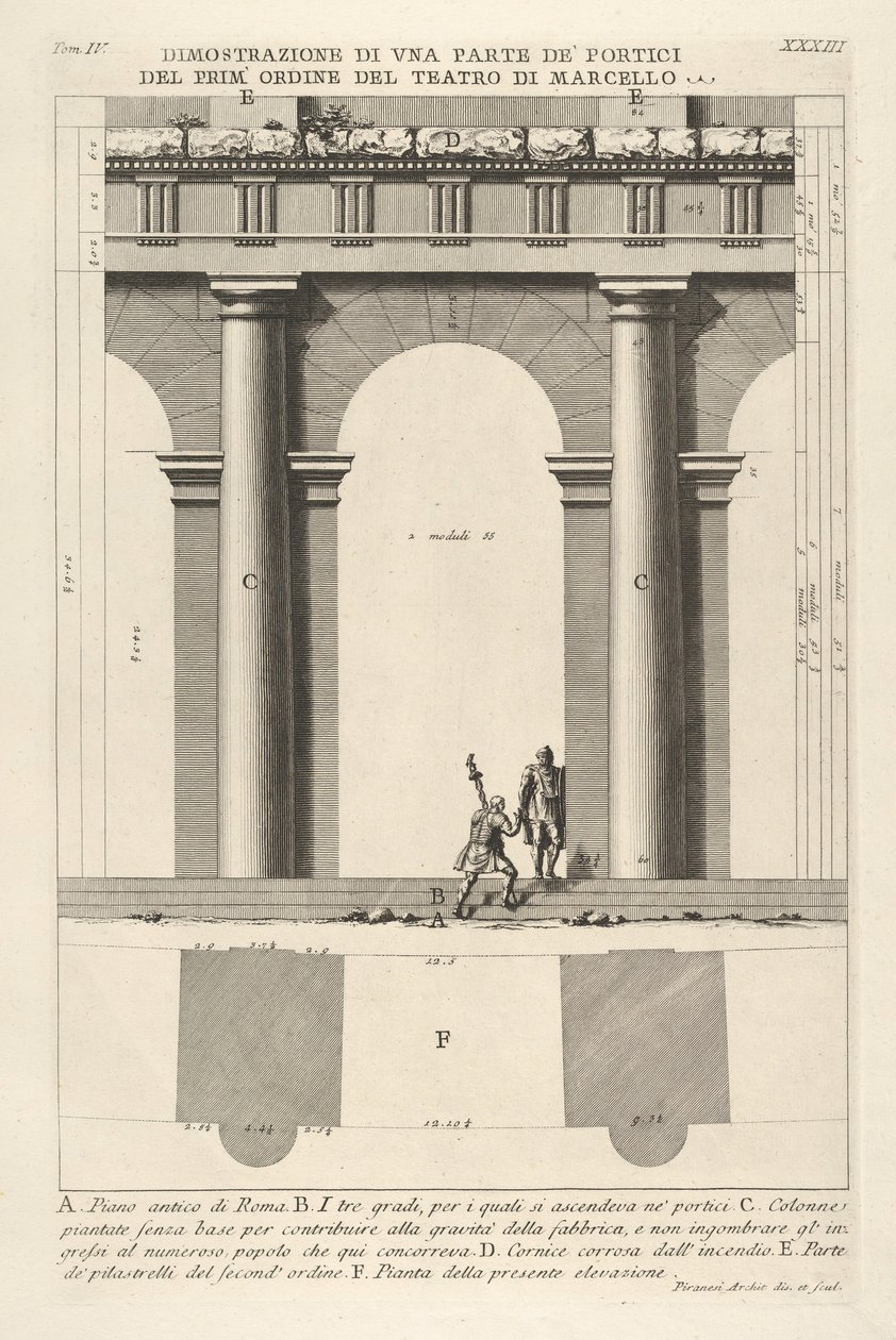 Teilansicht und Plan des Portikus erster Ordnung am Theater von Marcellus, 1756 von Giovanni Battista Piranesi