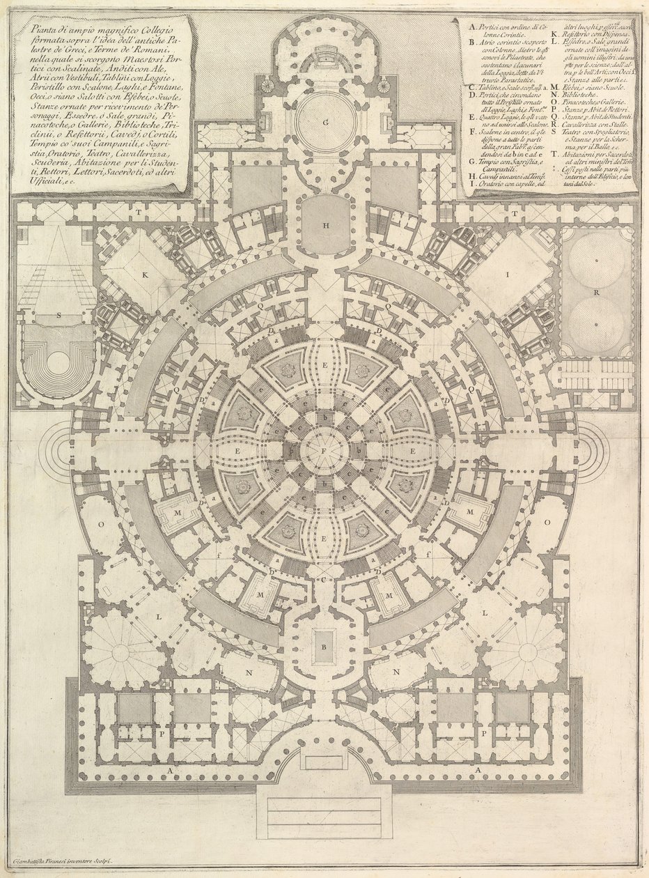 Plan eines geräumigen und prächtigen Colleges, entworfen nach den antiken Gymnasien der Griechen, 1750 von Giovanni Battista Piranesi