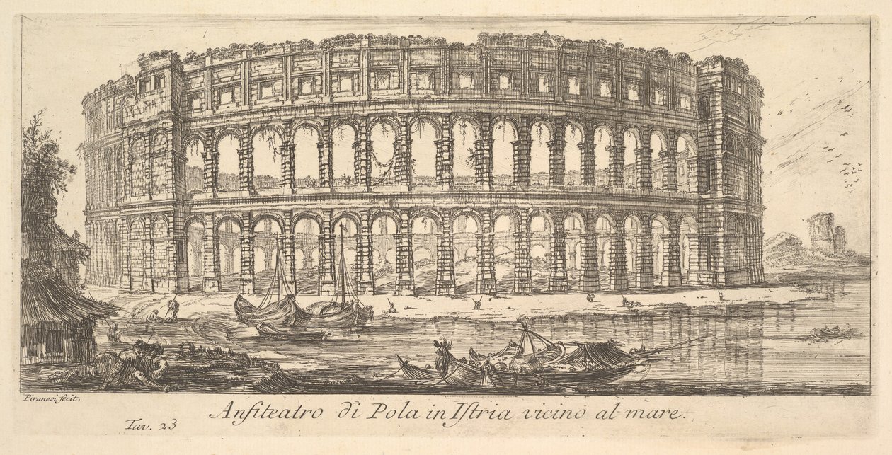 Platte 23: Amphitheater von Pola in Istrien nahe dem Meer Anfiteatro di Pola in Istria vi..., ca. 1748 von Giovanni Battista Piranesi