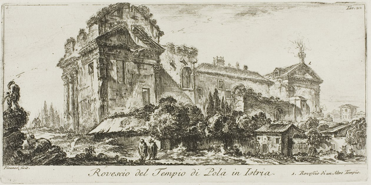 Rückansicht des Tempels von Pola in Istrien. 1. Rückansicht eines anderen Tempels, Platte 22 aus Einige Ansichten von Triumphbögen und anderen Denkmälern von Giovanni Battista Piranesi