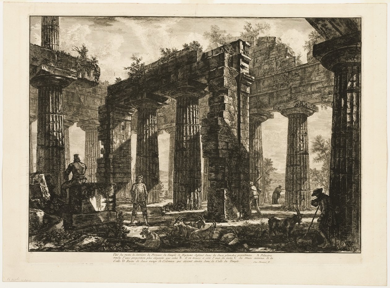 Rückansicht der Überreste des Pronaos des Neptuntempels, gezeichnet in den beiden vorhergehenden Platten, aus Verschiedene Ansichten von Paestum von Giovanni Battista Piranesi