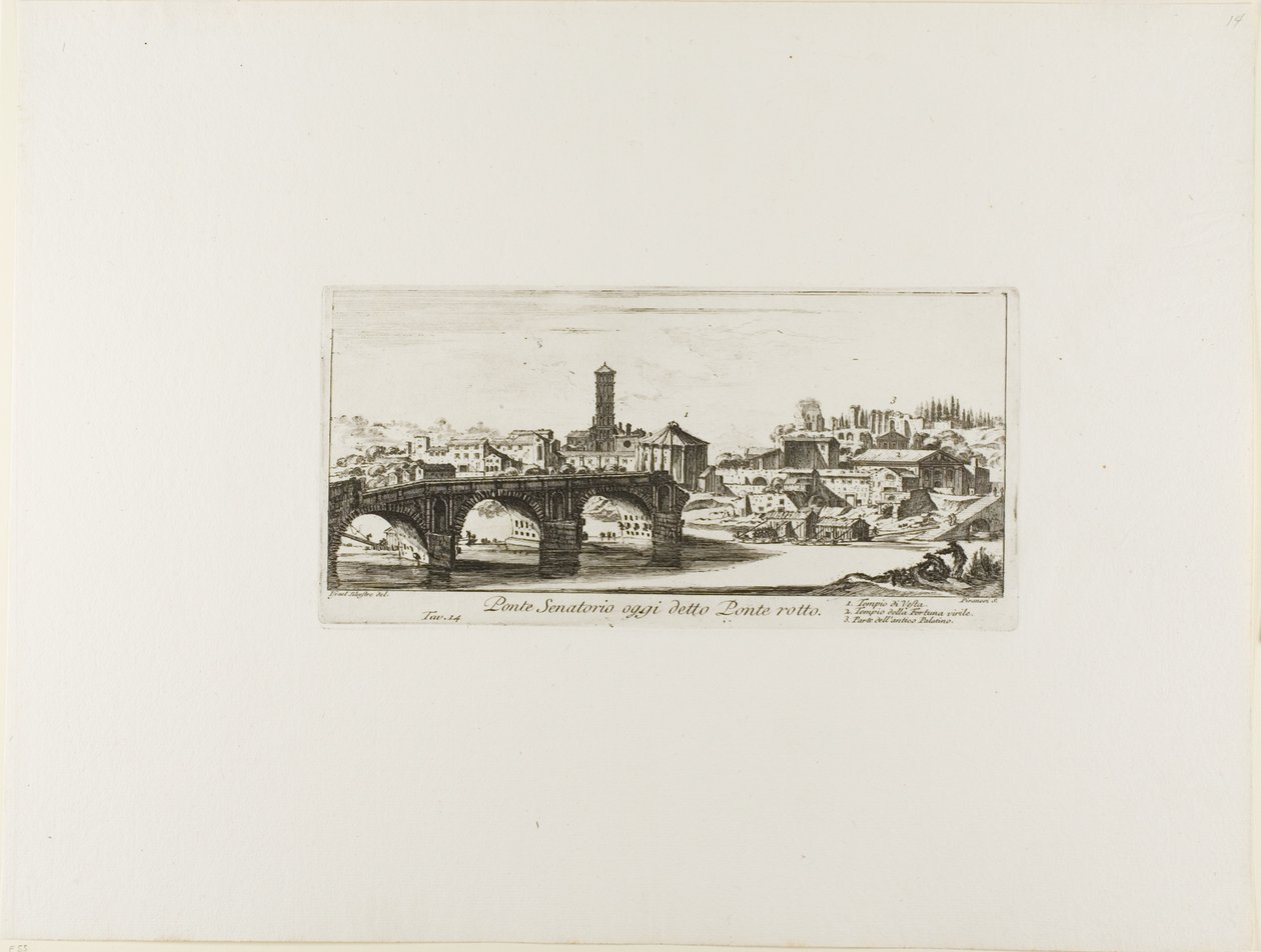 Senatorische Brücke, heute Ponte Rotto [Gebrochene Brücke] genannt. 1. Tempel der Vesta. 2. Tempel der Fortuna Virilis. 3. Teil des antiken Palatin, Platte 14 aus Einige Ansichten von Triumphbögen und anderen Denkmälern von Giovanni Battista Piranesi