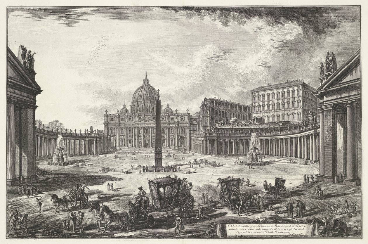 Petersplatz mit dem Petersdom in der Vatikanstadt Veduta della gran Piazza e Basilica di S. Pietro (...) (Titel auf dem Objekt) Gesichter von Rom (Serientitel) Vedute di Roma disegnate ed incise da Giambattista Piranesi architetto Veneziano (Serientitel) von Giovanni Battista Piranesi