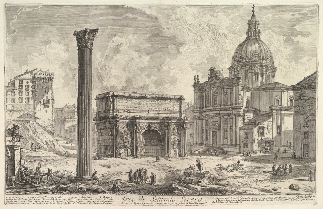 Der Bogen des Septimius Severus, mit der Kirche S. Martina rechts (Arco di Settimio Severo), aus "Vedute di Roma" von Giovanni Battista Piranesi