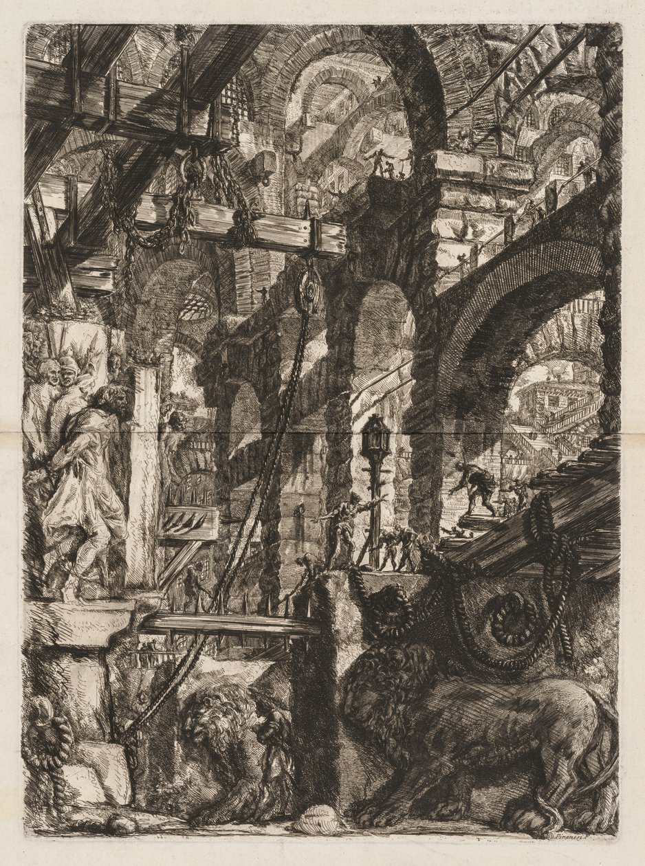 Die Gefängnisse: Eine Perspektive römischer Bögen, mit zwei in Stein gemeißelten Löwen im Vordergrund von Giovanni Battista Piranesi