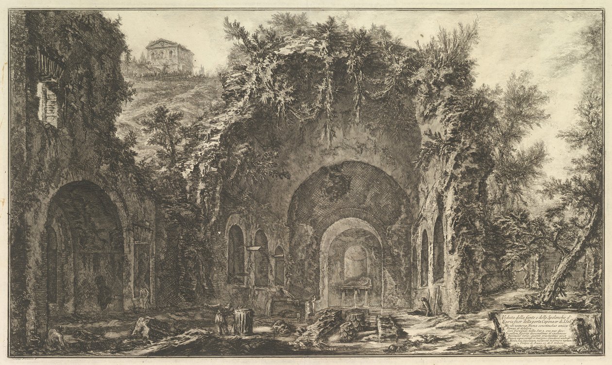Die sogenannte Grotte der Egeria, Veduta della fonte e delle spelonche d