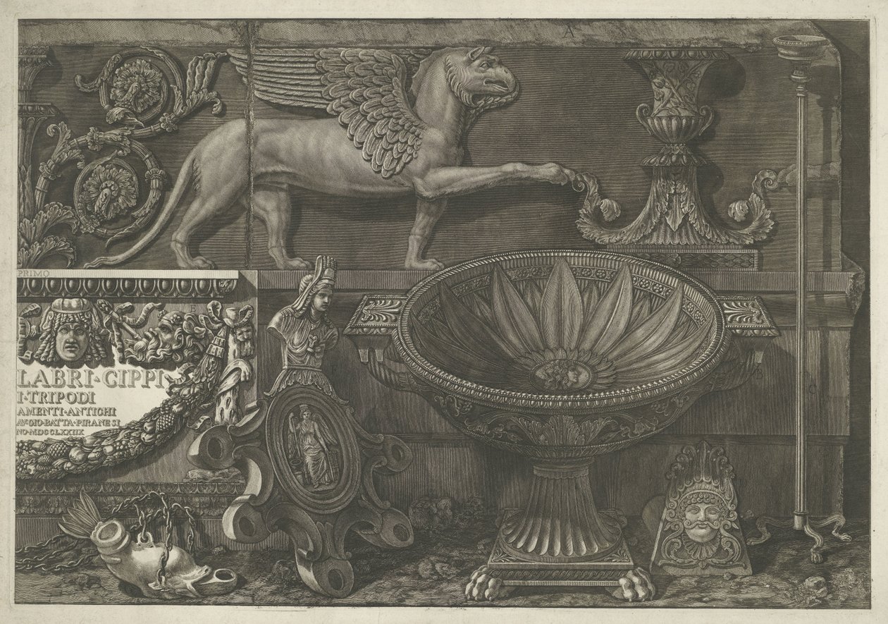 Titelblatt mit Skulpturen, Reliefs und einem Sarkophag (rechter Teil) von Giovanni Battista Piranesi