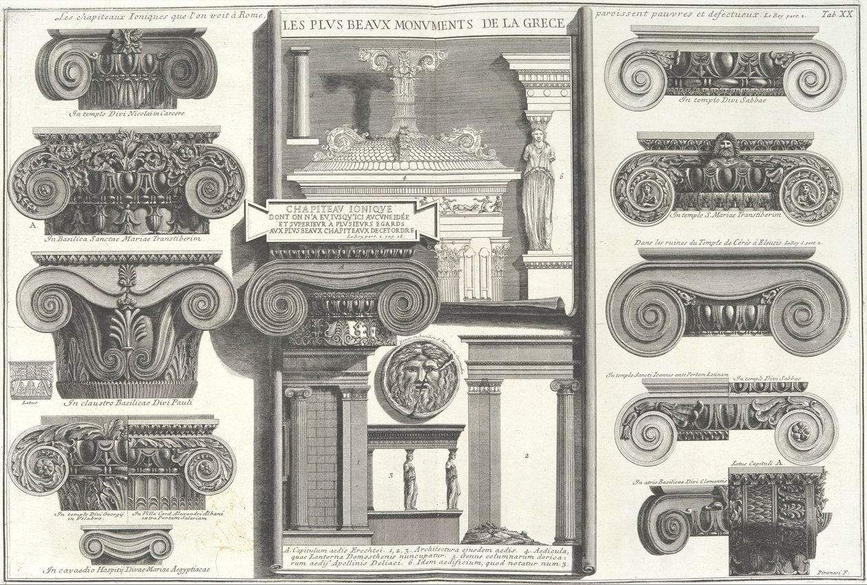 Verschiedene römische ionische Kapitelle im Vergleich mit griechischen Beispielen von Giovanni Battista Piranesi