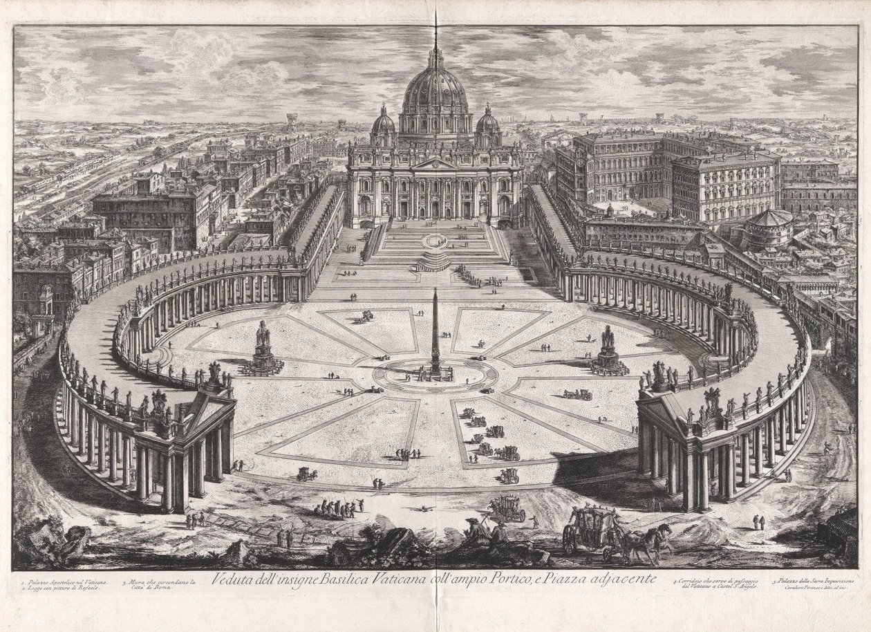 Ansicht der berühmten Vatikanischen Basilika mit ihrem geräumigen Portikus und dem angrenzenden Platz, aus Ansichten von Rom von Giovanni Battista Piranesi