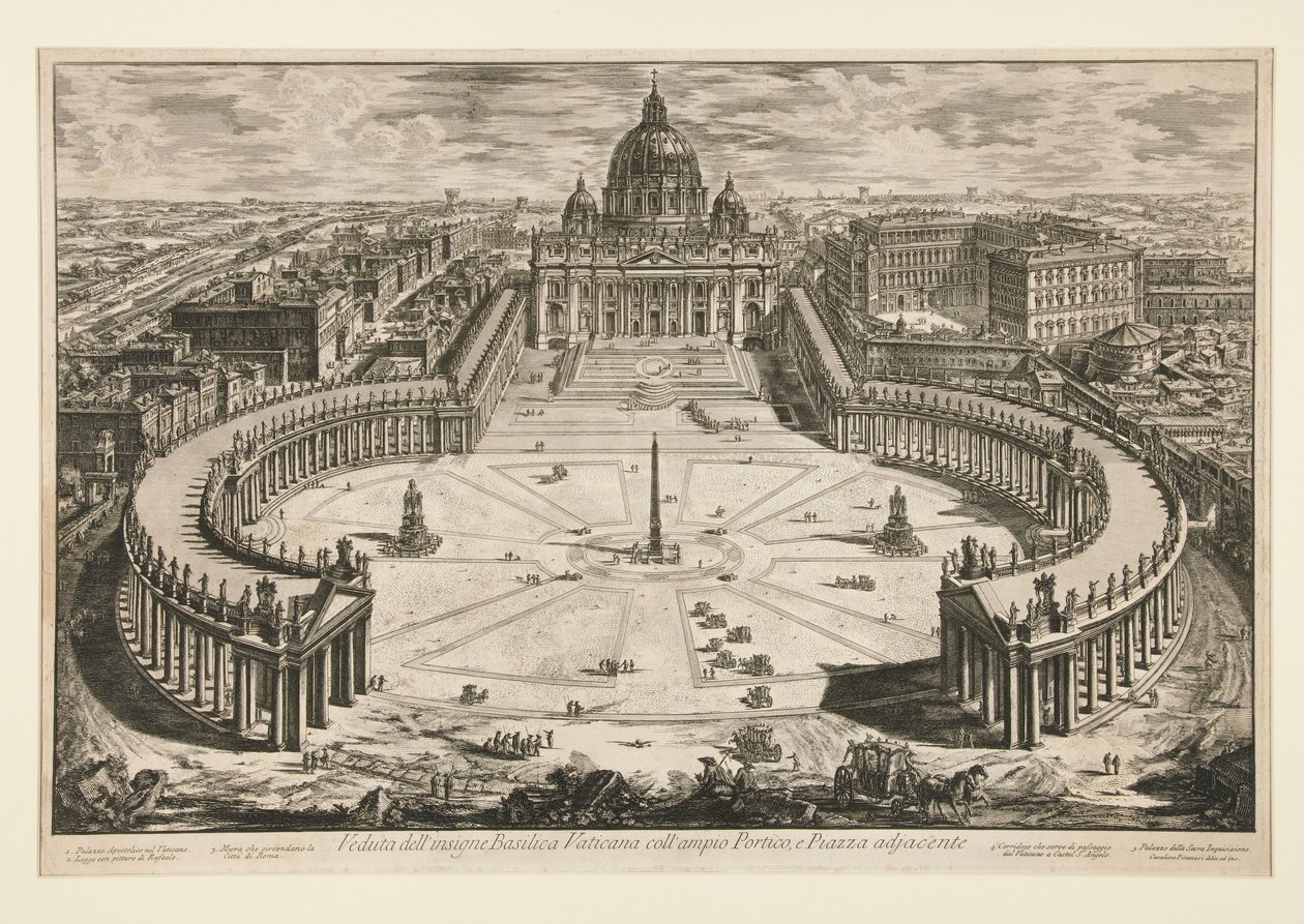 Ansicht der berühmten Vatikanischen Basilika mit der weiträumigen Vorhalle und dem angrenzenden Platz, aus „Ansichten von Rom“ von Giovanni Battista Piranesi