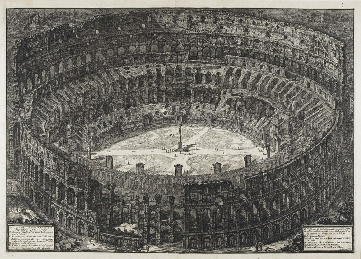 Ansicht des Flavischen Amphitheaters, genannt das Kolosseum, aus "Ansichten von Rom" von Giovanni Battista Piranesi