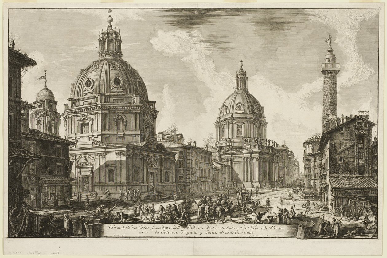 Ansicht von zwei Kirchen, eine genannt 1. S. Maria di Loreto, die andere 2. Der Name Mariens, in der Nähe von 3. Trajanssäule. 4. Der Aufstieg zum Quirinal, aus Ansichten von Rom von Giovanni Battista Piranesi