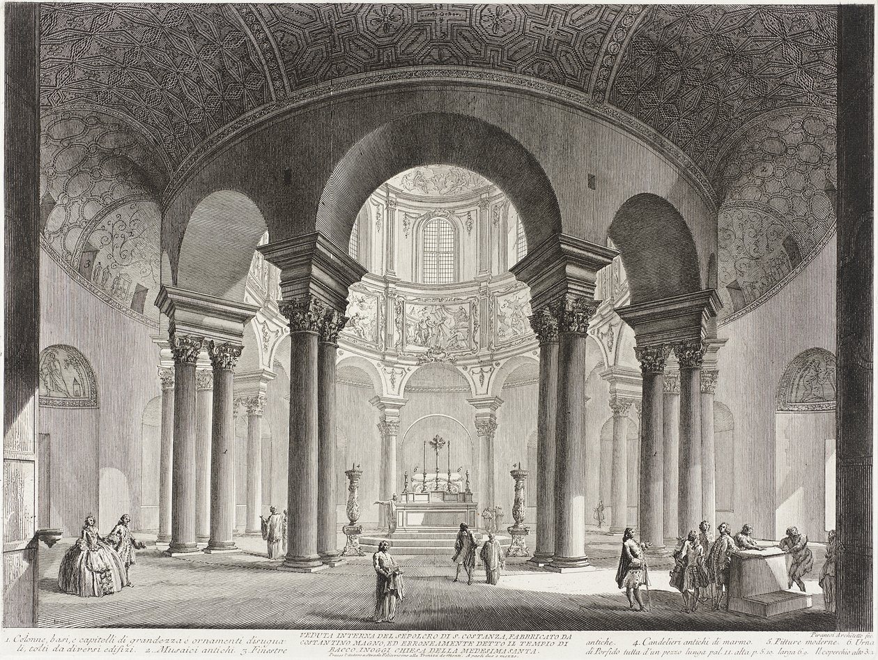 Blick in das Innere des Grabmals der Santa Costanza, das von Konstantin dem Großen erbaut und irrtümlich als Bacchustempel bezeichnet wurde, heute die Kirche Santa Costanza. von Giovanni Battista Piranesi