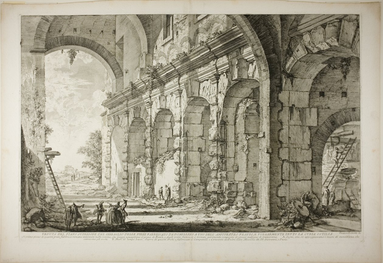 Ansicht des oberen Stockwerks der Käfige für wilde Tiere, gebaut von Kaiser Domitian, verbunden mit dem Flavischen Amphitheater und allgemein Curia Hostilia genannt, aus Ansichten von Rom von Giovanni Battista Piranesi