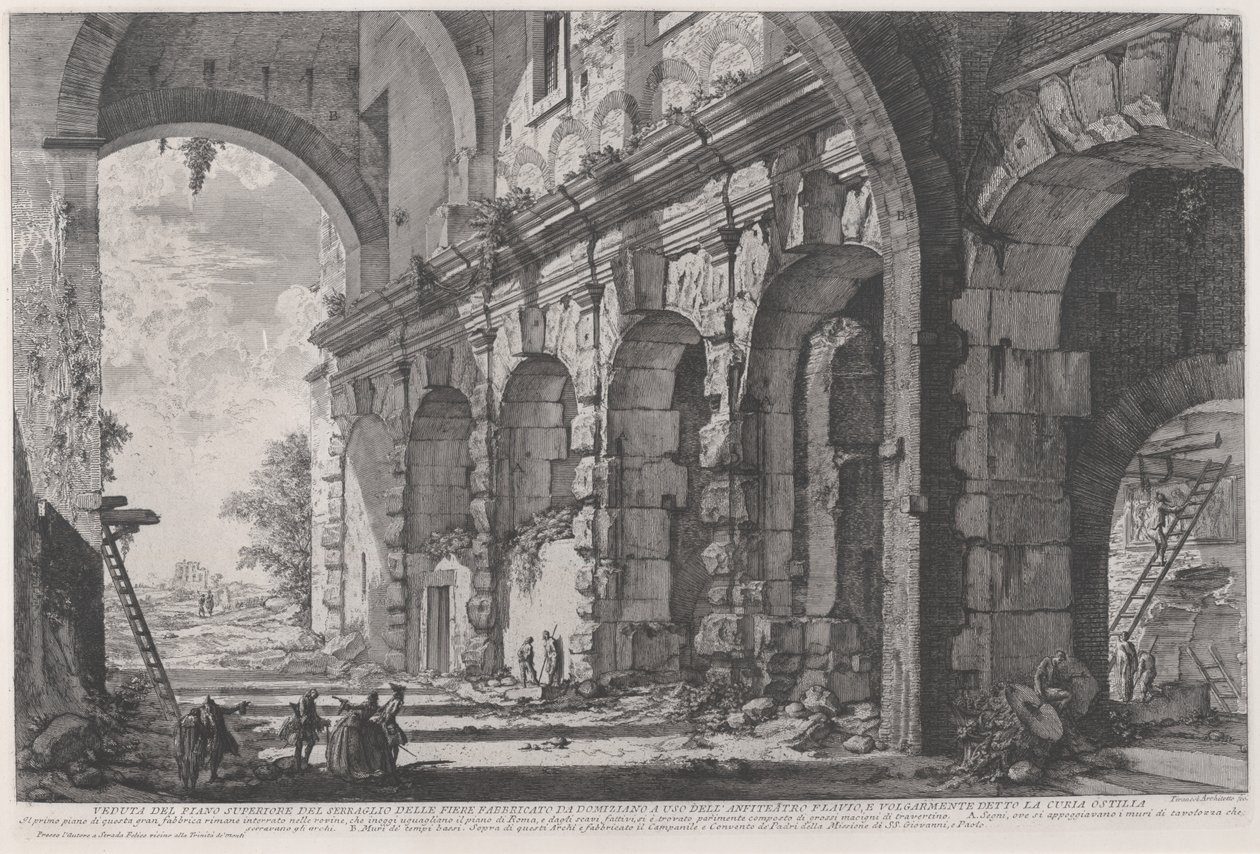 Ansicht des oberen Stockwerks der Käfige für wilde Tiere, gebaut vom Kaiser Domitian, verbunden mit dem Flavianischen Amphitheater und allgemein als Curia Hostilia bezeichnet, ca. 1760-1778 (Radierung) von Giovanni Battista Piranesi