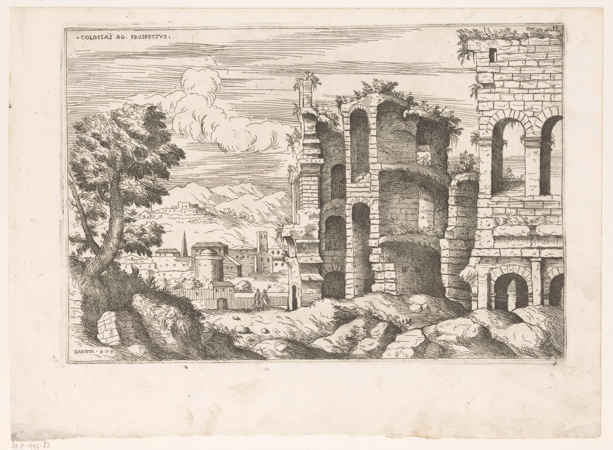 Ansicht des Kolosseums und Umgebung in Rom (Colossaei ro prospectus, Praecipua aliquot Romanae Antiquitatis Ruinarum Monimenta) von Giovanni Battista Pittoni (I)