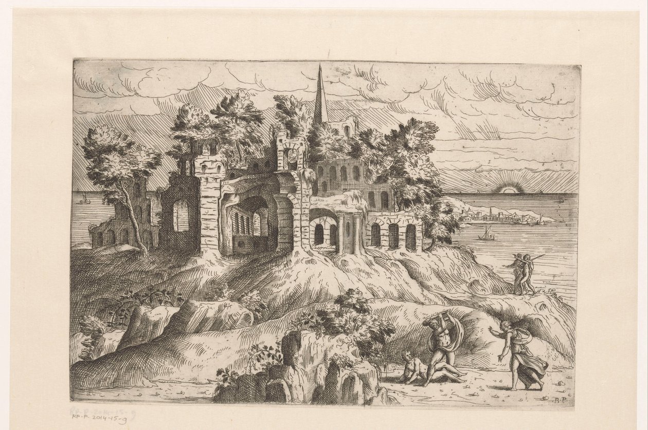 Landschaft mit Ruinen am Wasser und einer auf- oder untergehenden Sonne von Giovanni Battista Pittoni (I)