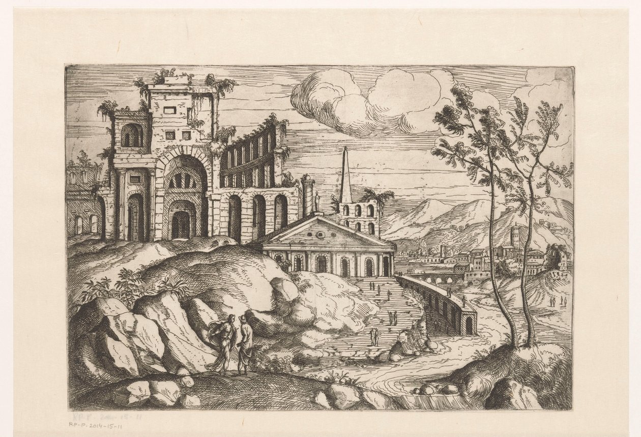 Landschaft mit Ruinen und Fantasiearchitektur an fließendem Wasser mit Wasserfall von Giovanni Battista Pittoni (I)