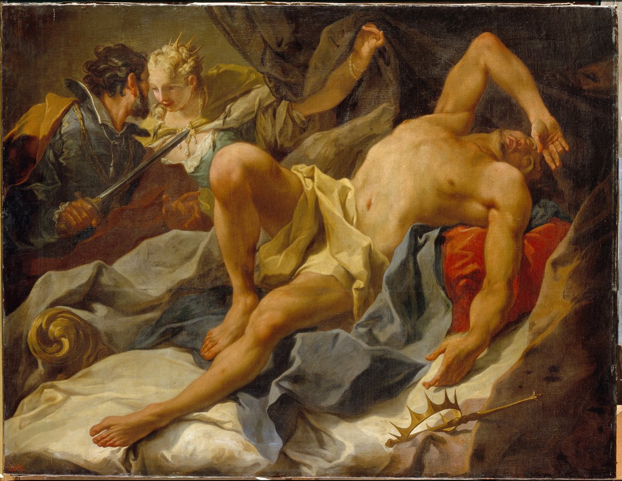 Der Tod des Königs Kandaules (oder Sadyatte oder Myrsile, König von Lydien, 8. Jahrhundert v. Chr.). Ermordet von Gyges, seinem Vertrauten und Rivalen, der ihn ersticht und seine Frau, die Königin Tudo, heiratet. Gemälde von Giambattista (Giovan Battista) von Giovanni Battista Pittoni