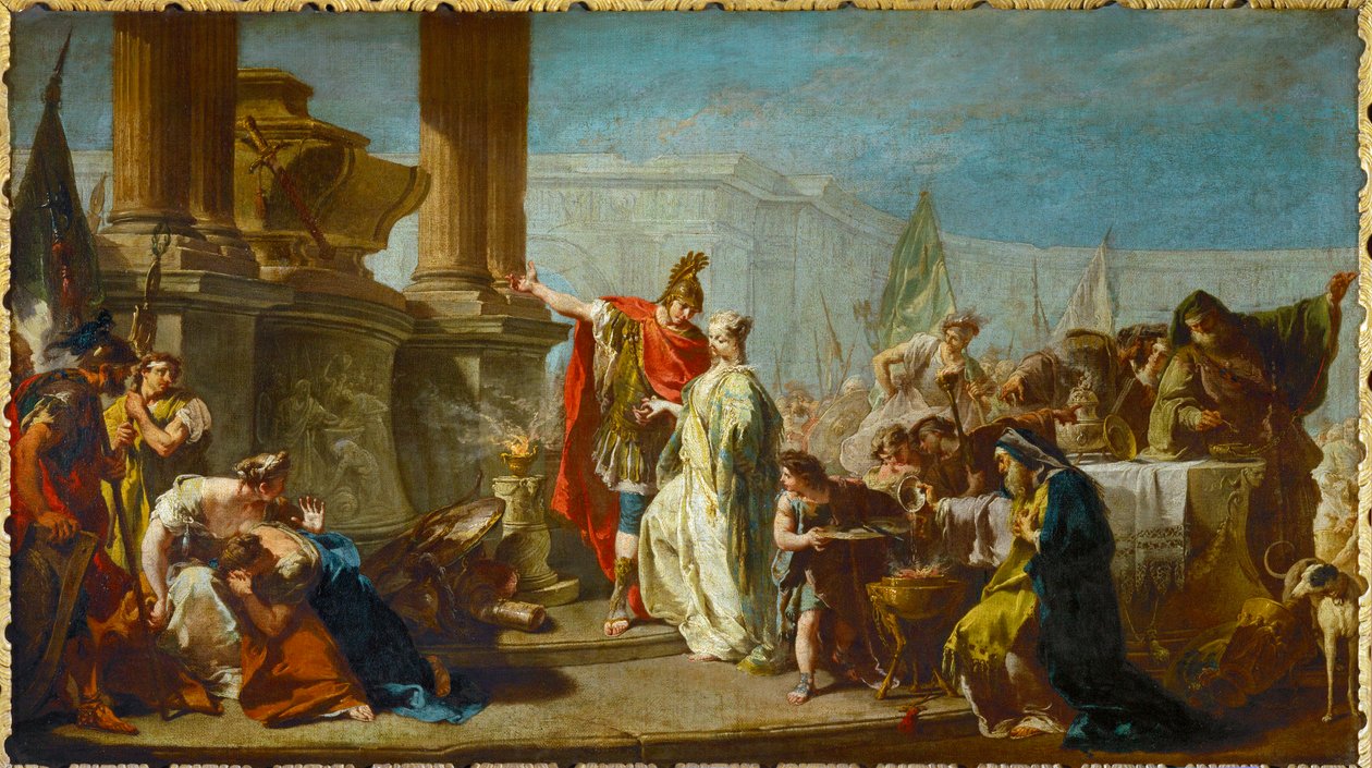 Polyxena, Tochter von Priamos, König von Troja, wird als Sühne für den Geist des toten Achilles geopfert von Giovanni Battista Pittoni
