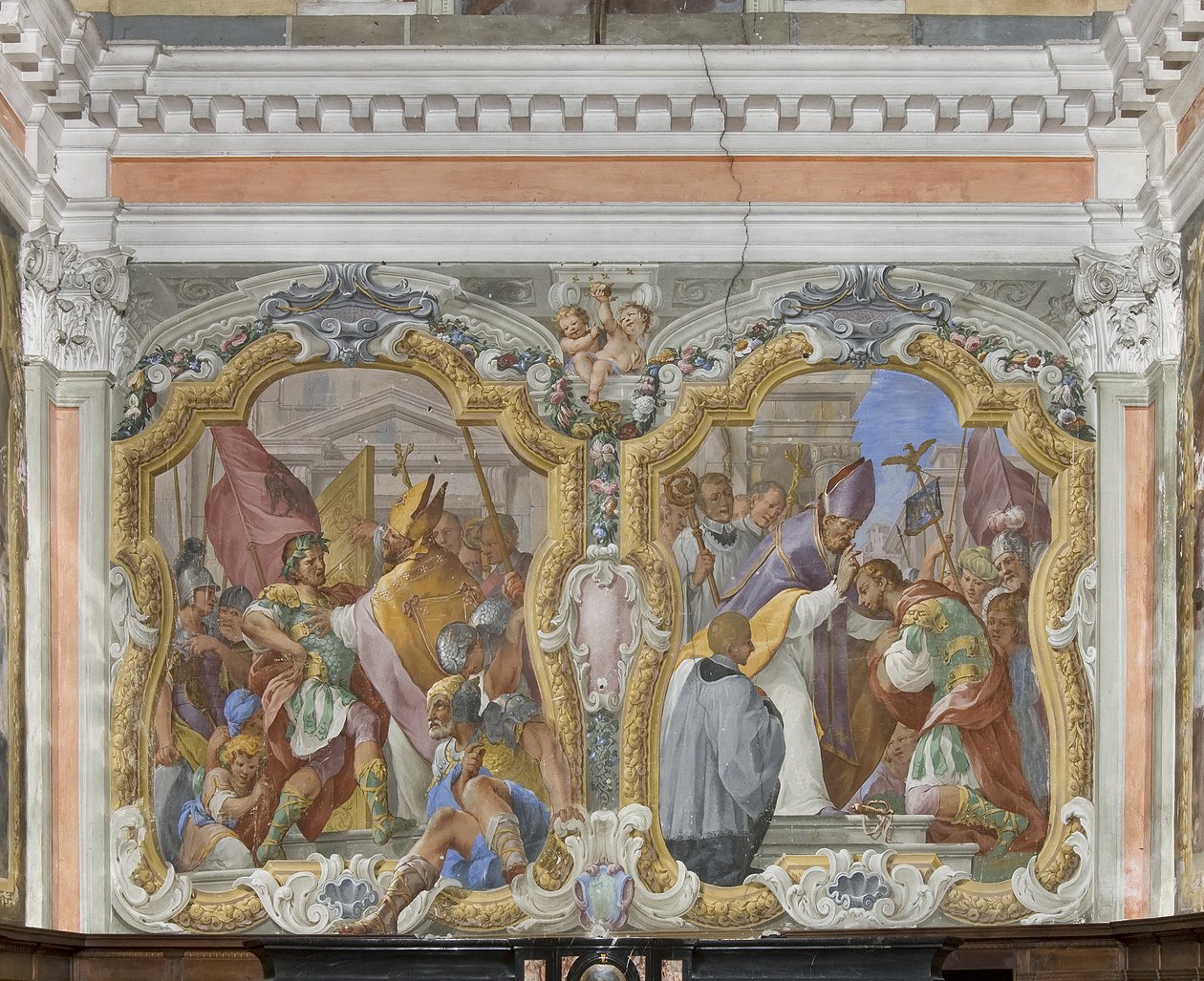 Der heilige Ambrosius verbannt Kaiser Theodosius aus dem Tempel und Die Buße und der Segen des Theodosius von Giovanni Battista Pozzo