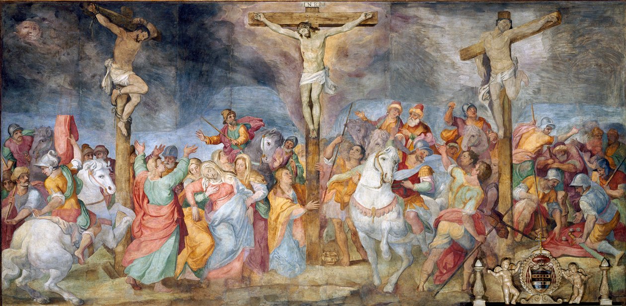 Die Kreuzigung Inri (I.N.R.I.) Inschrift am Kreuz. Darstellung des guten Diebes (auch Heiliger Dismas) und des schlechten Diebes (Gesmas), zwei Diebe, die mit Jesus Christus gekreuzigt wurden (Fresko von Giovanni B) von Giovanni Battista Ricci