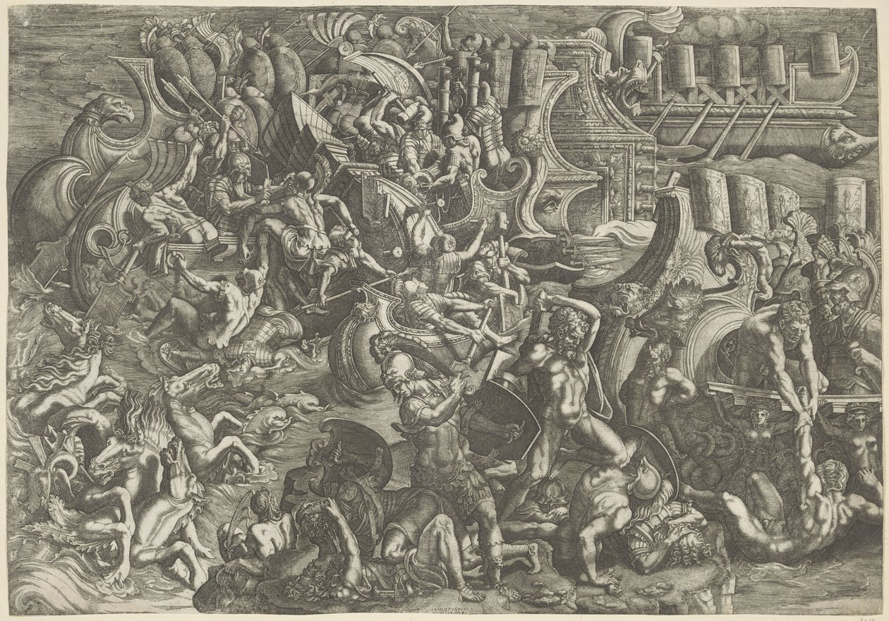 Seeschlacht zwischen den Trojanern und den Griechen von Giovanni Battista Scultori