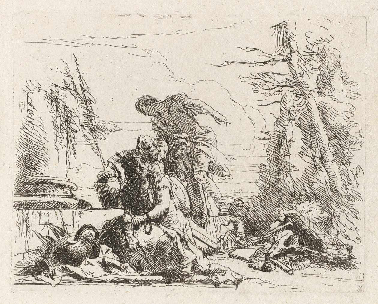 Eine Frau mit gefesselten Armen und vier weitere Figuren, aus Vari capricci (Verschiedene Capriccios) von Giovanni Battista Tiepolo