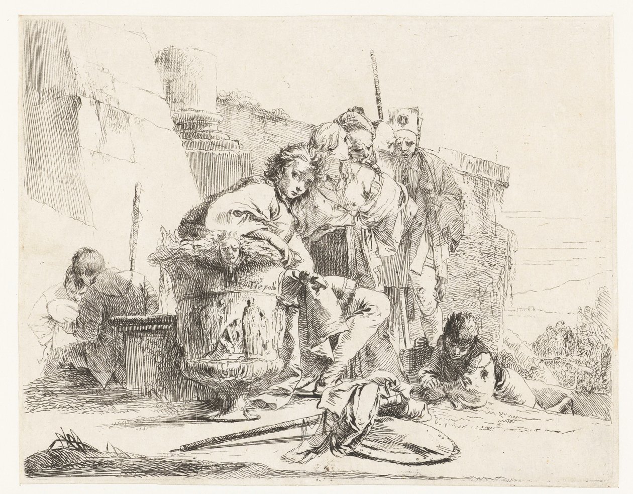 Junge sitzt neben einer Vase mit anderen Personen von Giovanni Battista Tiepolo