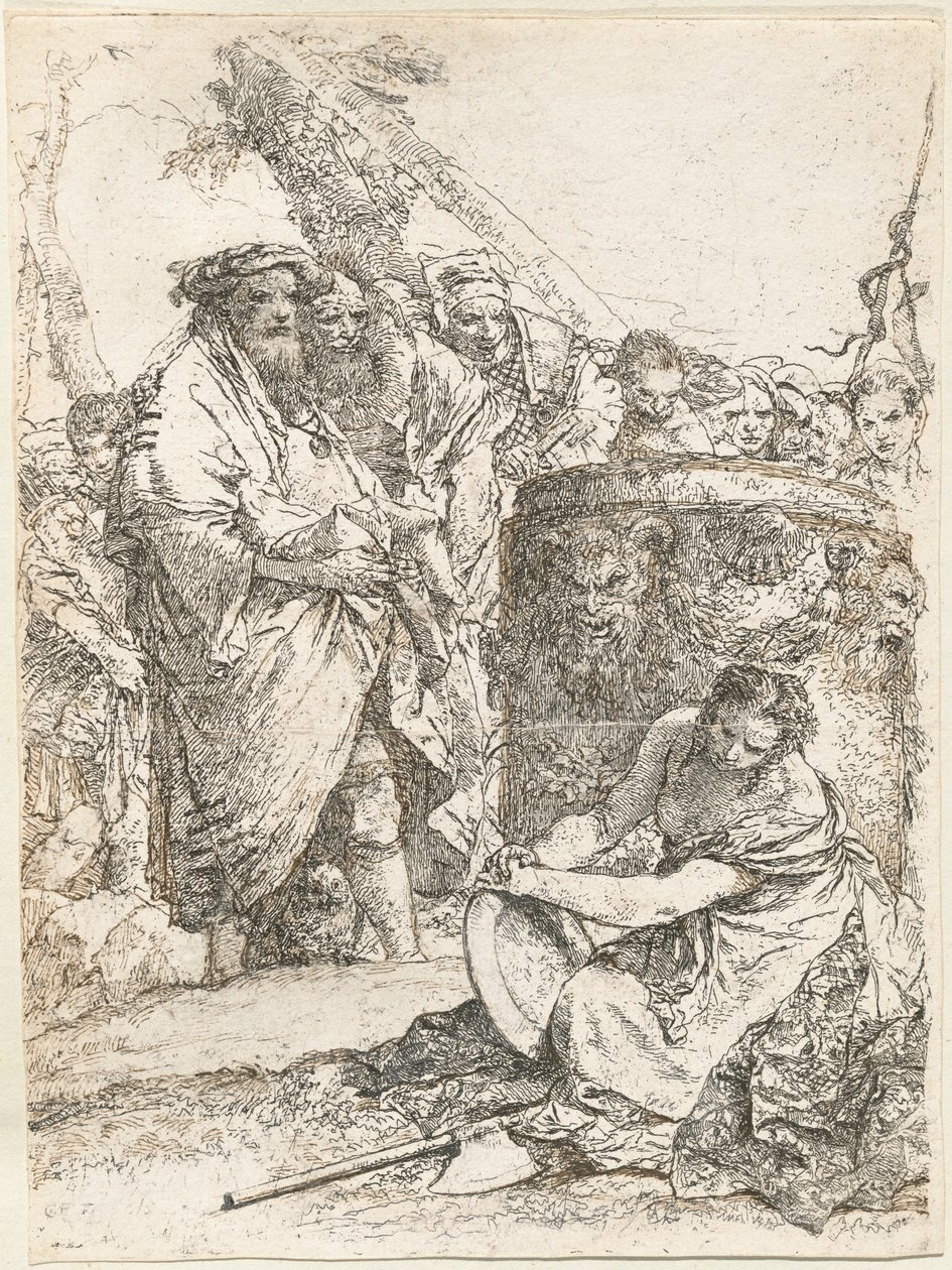 Magier und andere Figuren vor einem brennenden Altar mit Schädel und Knochen von Giovanni-Battista Tiepolo