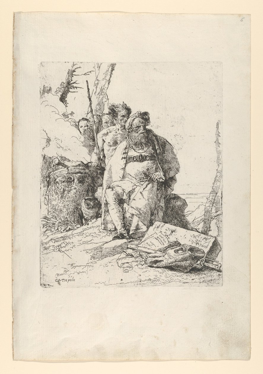 Zauberer mit vier Figuren in der Nähe eines rauchenden Altars, aus den Scherzi, ca. 1743-52 von Giovanni Battista Tiepolo