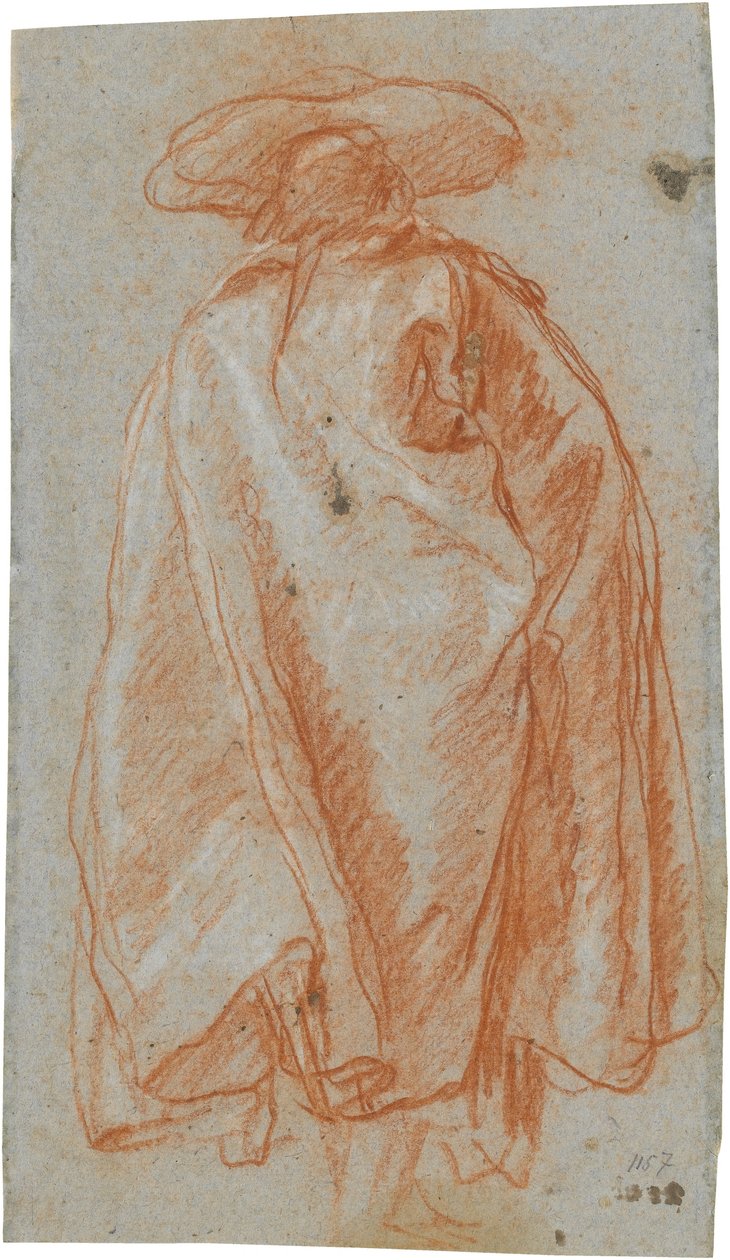 Mann in Mantel und Hut von rückwärts gesehen; verso: Studie eines linken Armes von Giovanni Battista Tiepolo