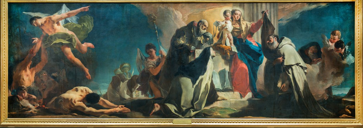Unsere Liebe Frau vom Karmel unter den Heiligen Simon Stock, Teresa von Avila, Albert von Vercelli, dem Propheten Elija und den Seelen des Fegefeuers von Giovanni Battista Tiepolo