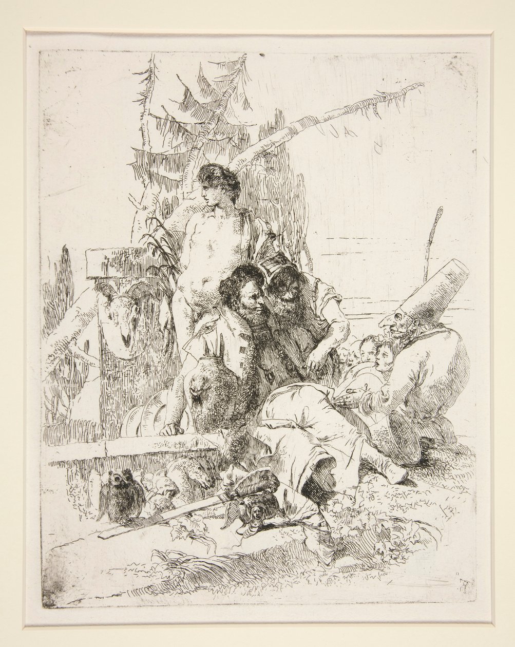 Punchinello spricht mit den zwei Magiern, aus der Serie Scherzi di Fantasia von Giovanni Battista Tiepolo