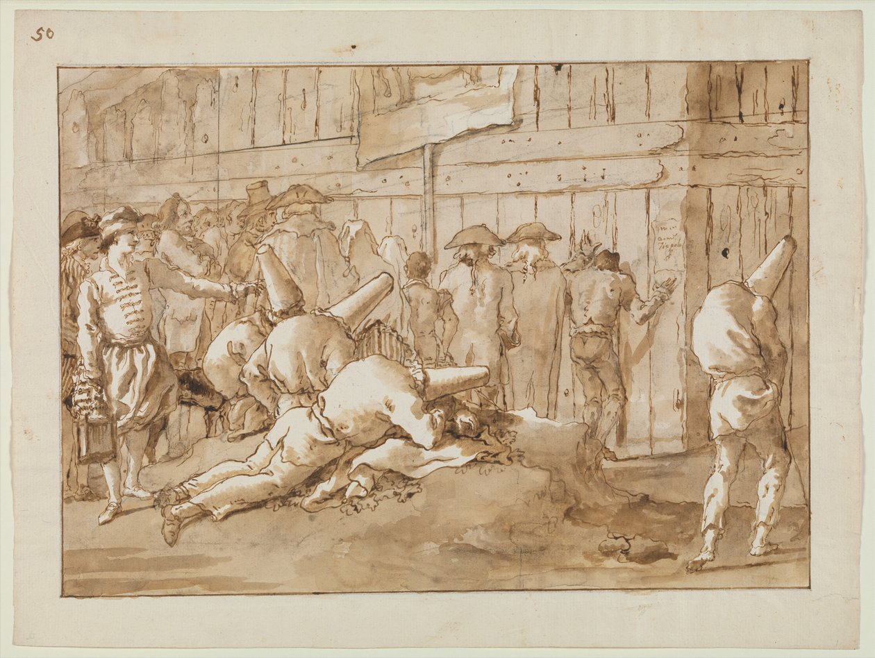 Punchinellos vor einem Zirkus von Giovanni Battista Tiepolo