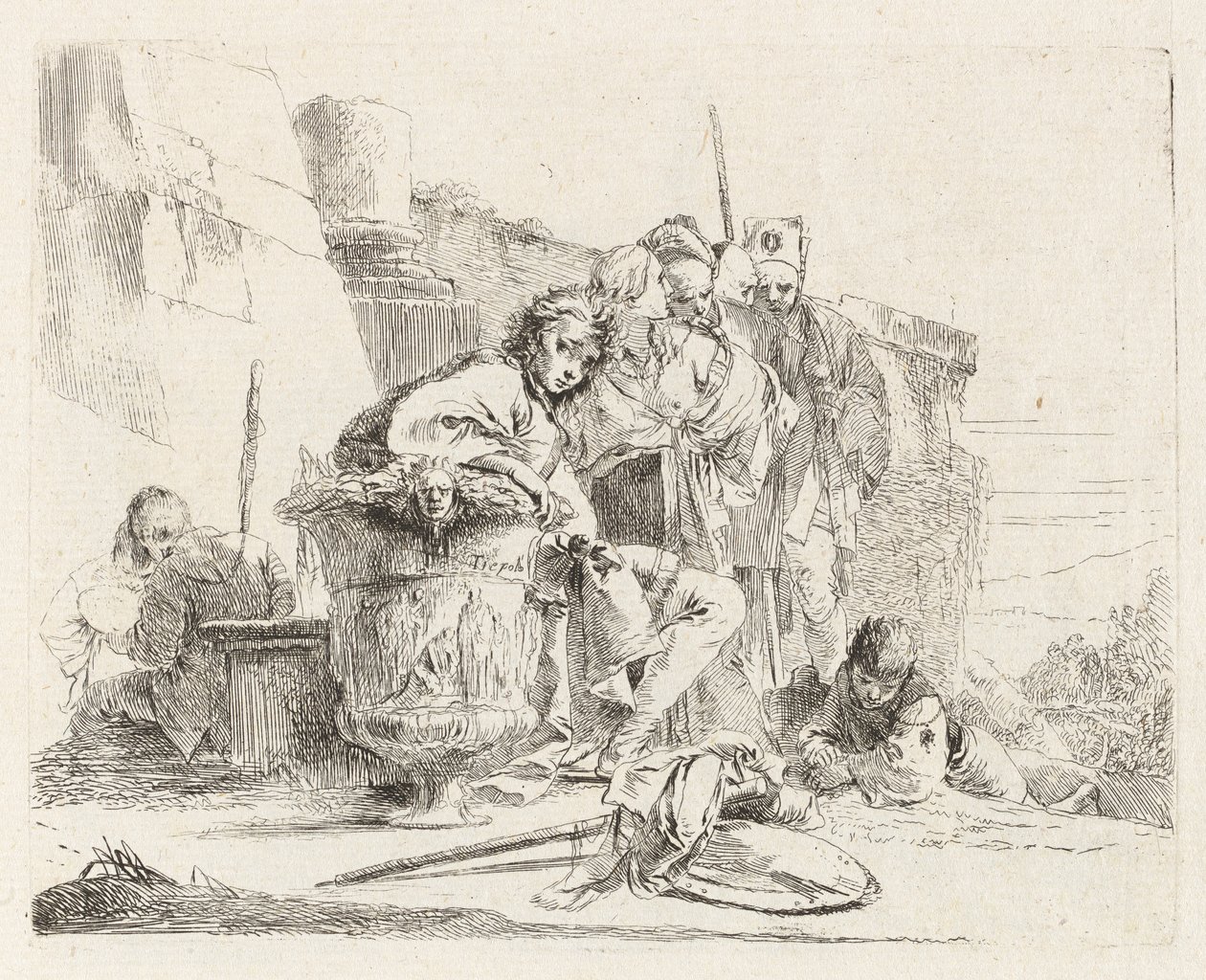 Sitzender Jüngling, der sich an eine Urne lehnt, aus Verschiedene Capriccios von Giovanni Battista Tiepolo