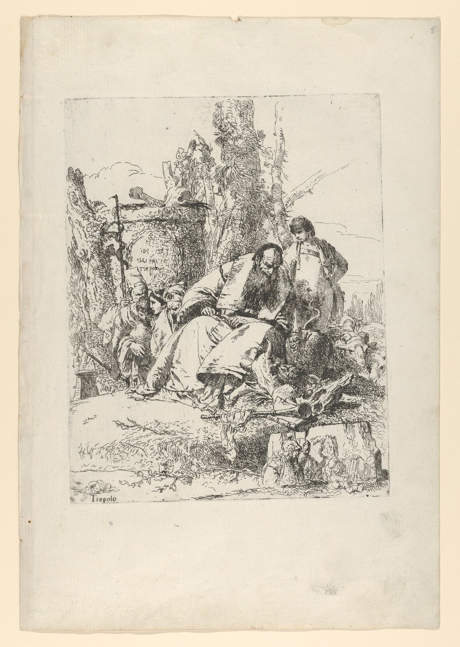 Sitzender Magier, Junge und vier Figuren aus den Scherzi di Fantasia von Giovanni Battista Tiepolo