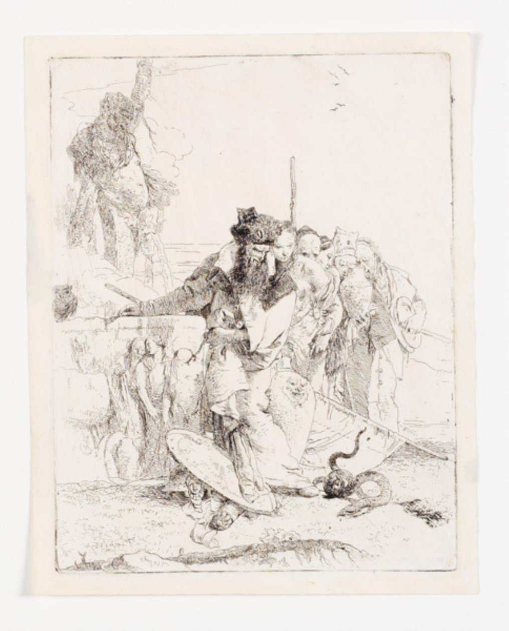Sechs Personen, die eine Schlange betrachten. Blatt aus der Serie Scherzi di fantasia. von Giovanni Battista Tiepolo